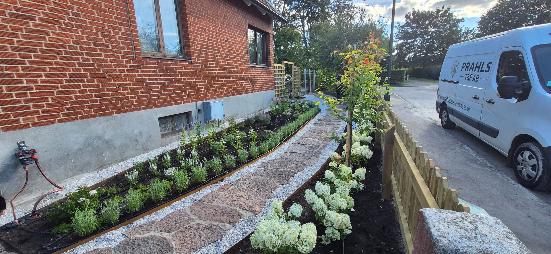 Planteringar och stengång