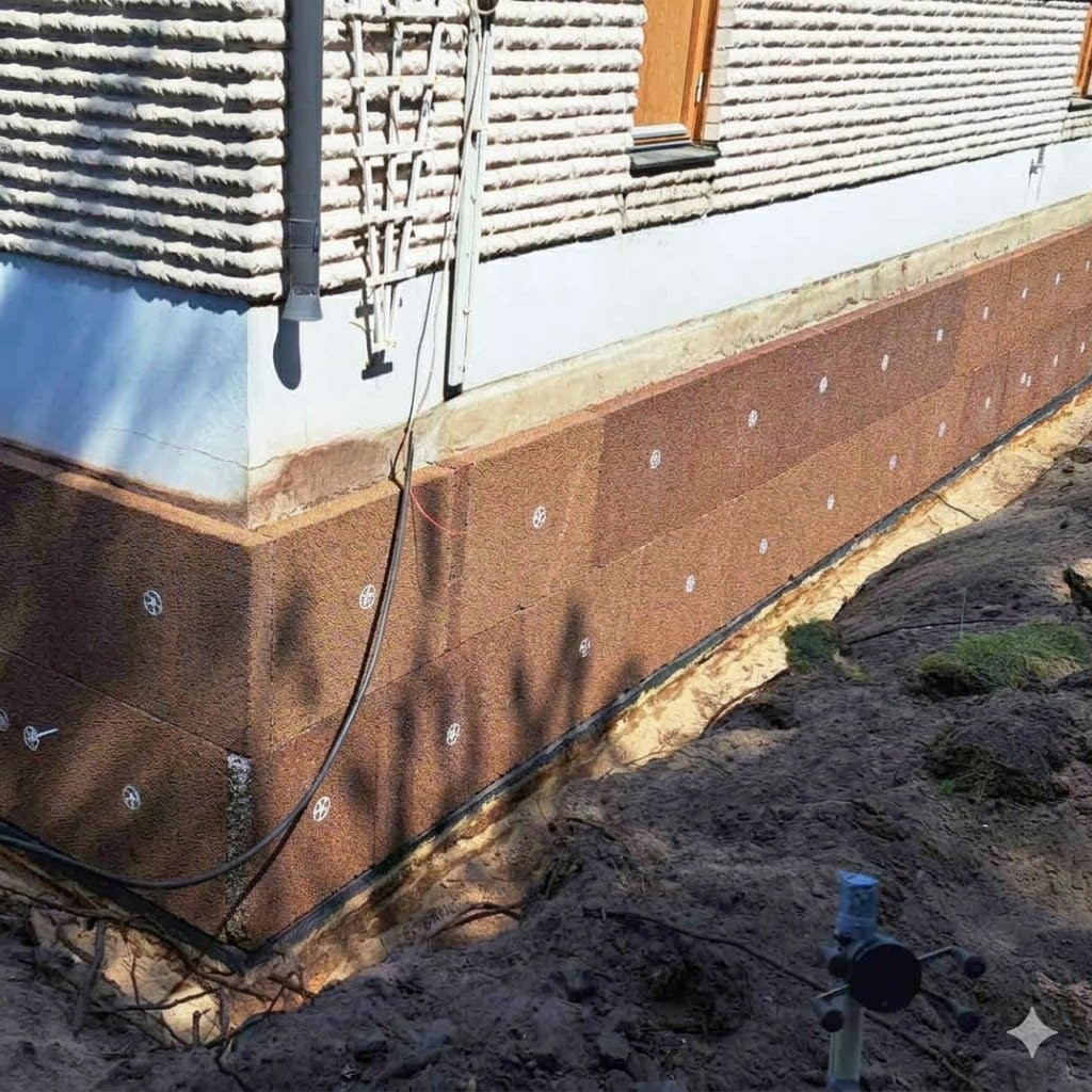 Husgrund med ny dränering och dräneringsmatta